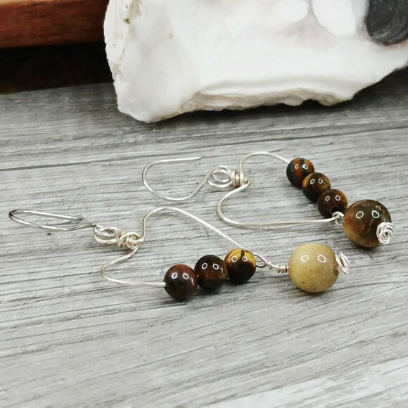 Tigers Eye Gemstone Heart Dangle Earrings, Crystal Jewelry, 2" - Picture 6 of 10
